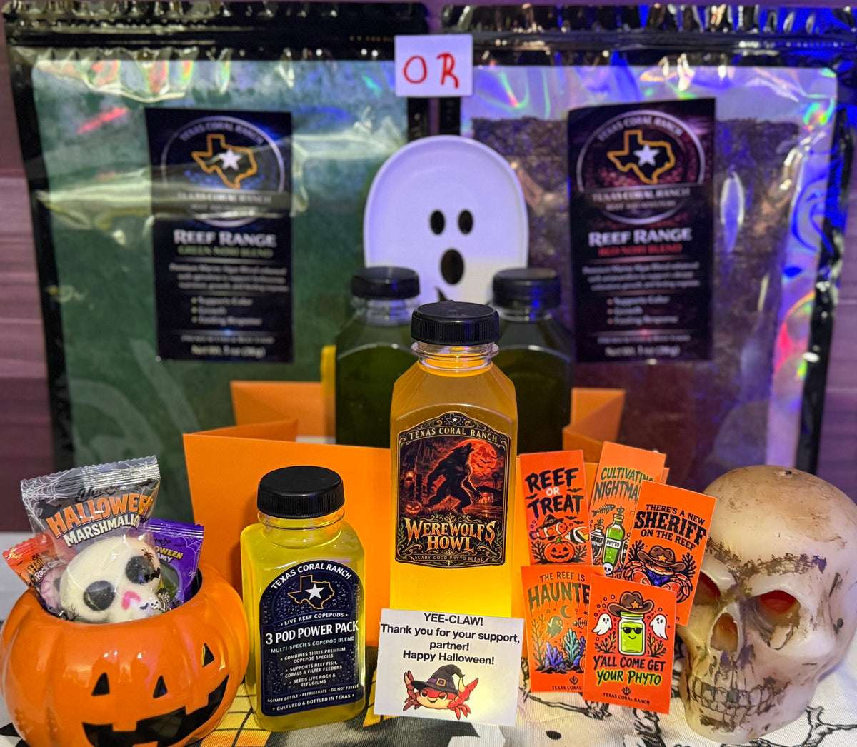 Texas Coral Ranch Week 4 Werewolf's Howl Boo Basket shown with orange bags and stickers