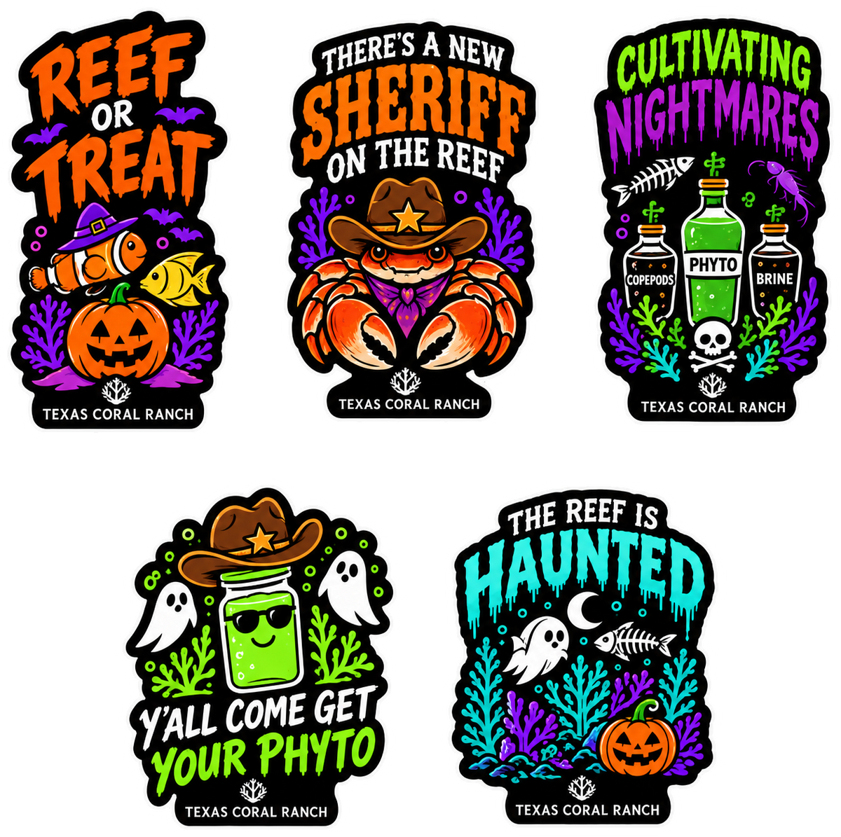 Five Texas Coral Ranch reef sticker designs in black