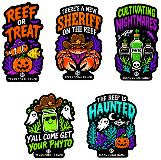 Five Texas Coral Ranch reef sticker designs in black