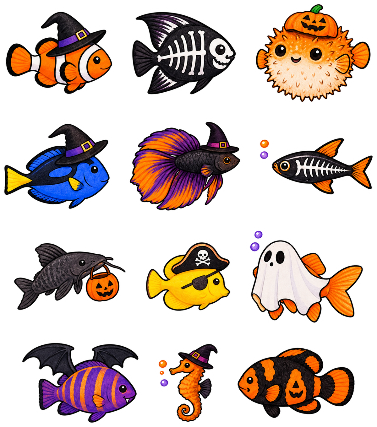 Twelve Texas Coral Ranch Halloween fish sticker designs