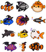 Twelve Texas Coral Ranch Halloween fish sticker designs