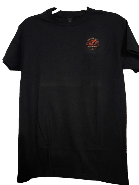 Front of the black Limited 2026 Texas Coral Ranch Halloween Shirt with a small Halloween logo on the chest