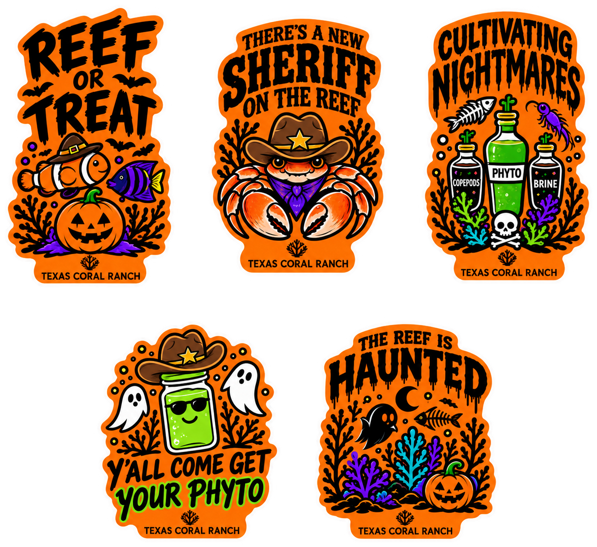 Five Texas Coral Ranch reef sticker designs in orange