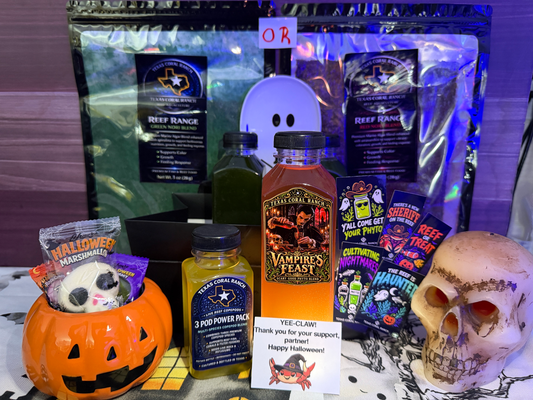 Texas Coral Ranch Week 2 Vampire's Feast Halloween Boo Basket with three phytoplankton bottles, Three Pod Power Pack, and red or green nori choice