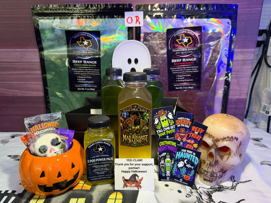 Texas Coral Ranch Week 3 Mad Aquarist Halloween Boo Basket with three phytoplankton bottles, Three Pod Power Pack, and red or green nori choice