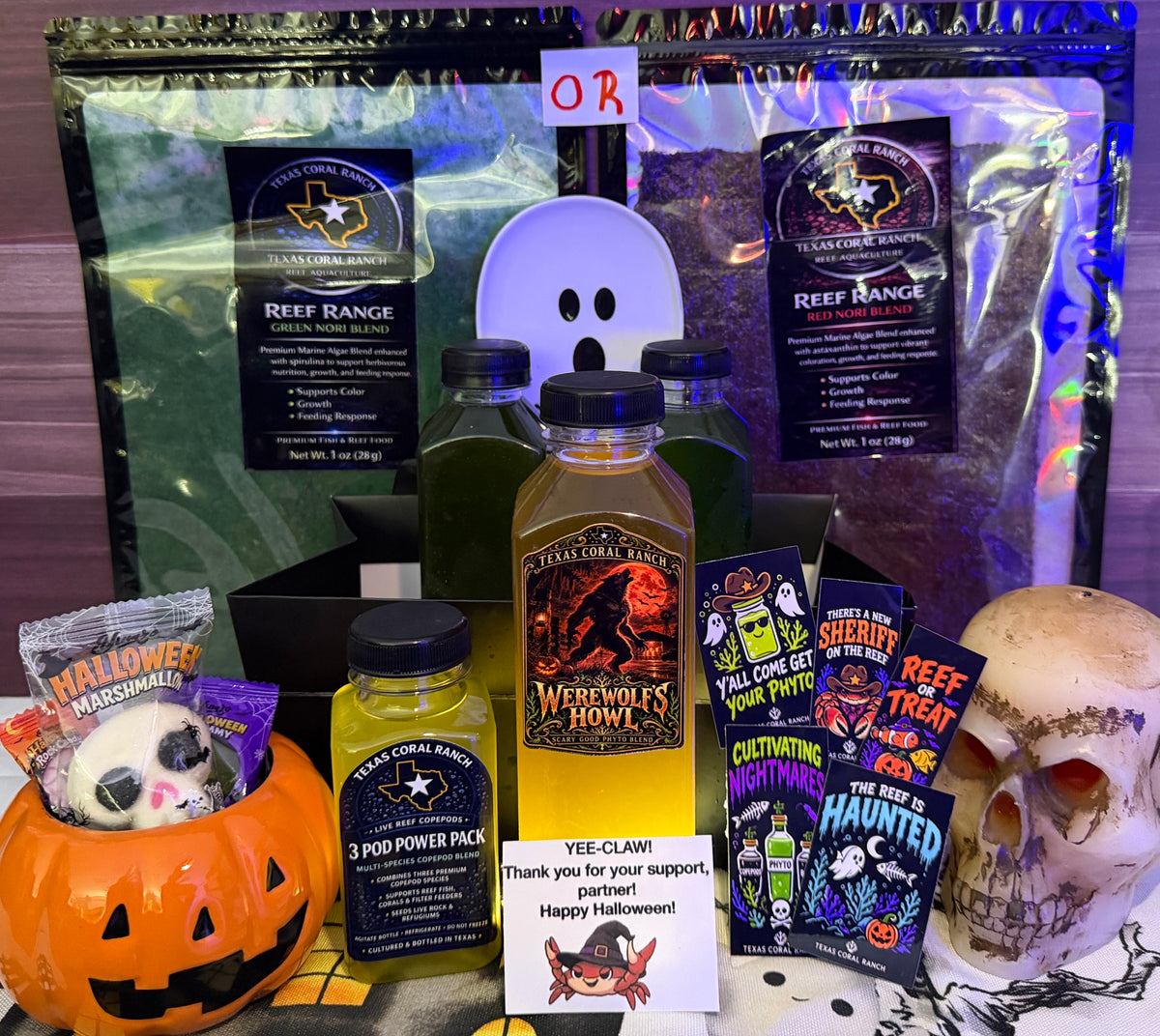 Texas Coral Ranch Week 4 Werewolf's Howl Halloween Boo Basket with three phytoplankton bottles, Three Pod Power Pack, and red or green nori choice