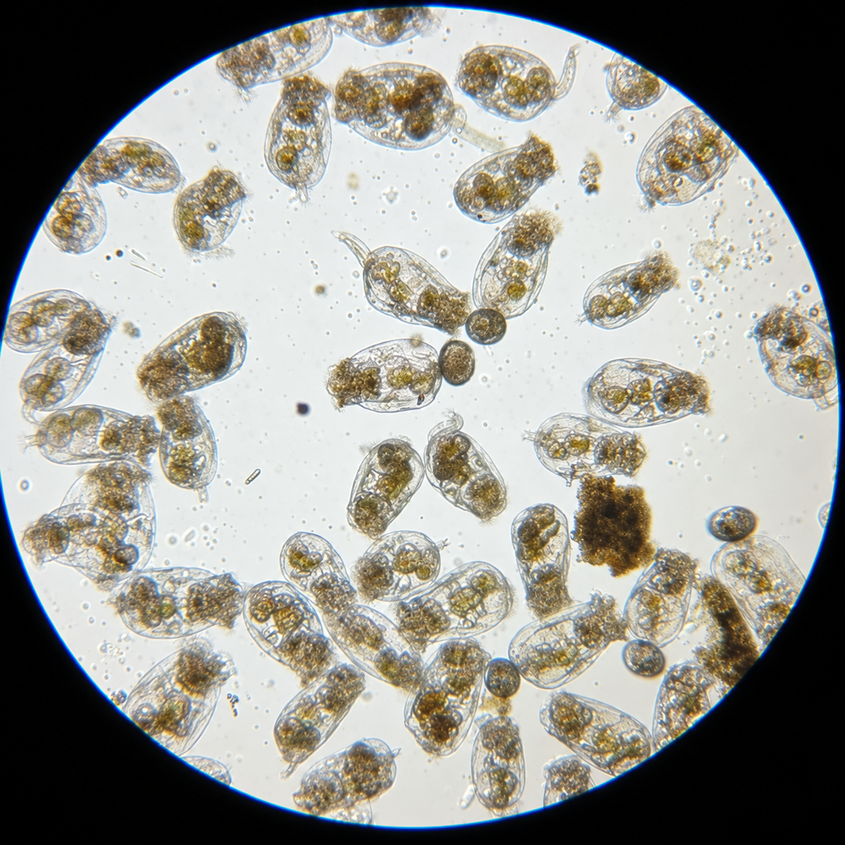 Dense live L type rotifers cultured by Texas Coral Ranch under a microscope