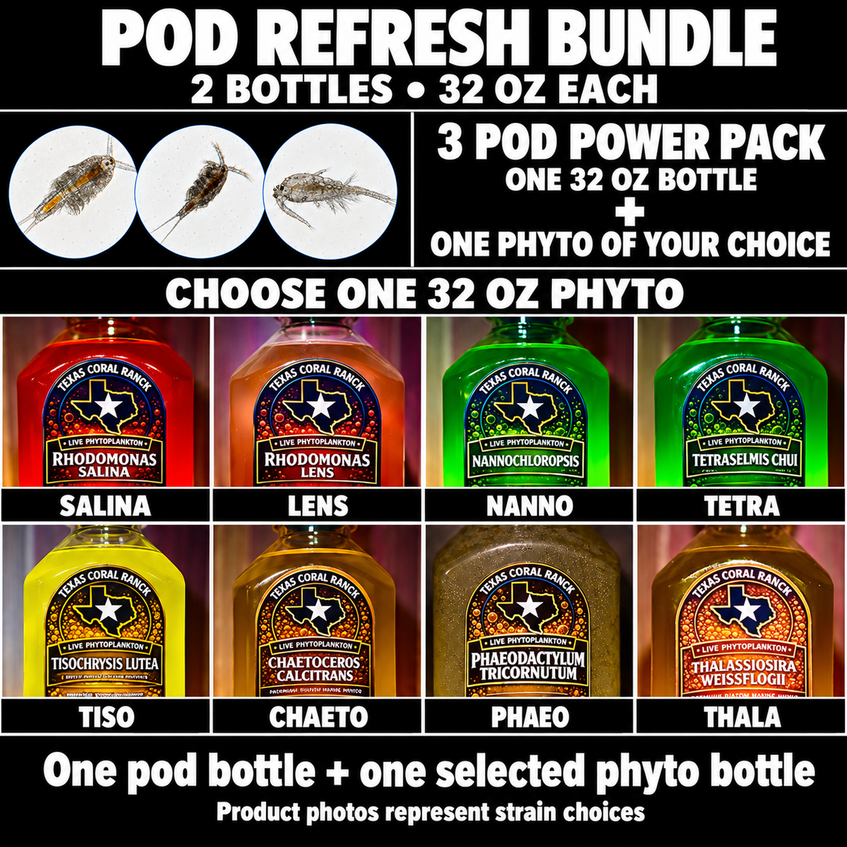 Pod Refresh Bundle: one 32 oz 3 Pod Power Pack plus one selected 32 oz live phytoplankton; Salina, Lens, Nanno, Tetra, Tiso, Chaeto, Phaeo, and Thala choices shown.