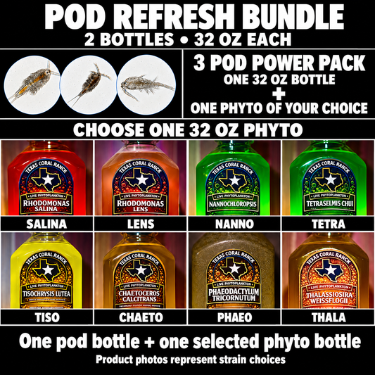 Pod Refresh Bundle: one 32 oz 3 Pod Power Pack plus one selected 32 oz live phytoplankton; Salina, Lens, Nanno, Tetra, Tiso, Chaeto, Phaeo, and Thala choices shown.