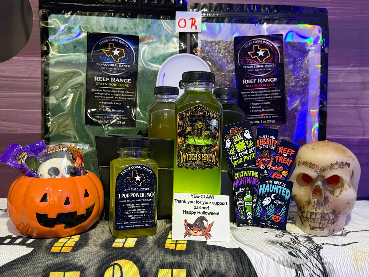 Texas Coral Ranch Week 1 Witch's Brew Halloween Boo Basket with three phytoplankton bottles, Three Pod Power Pack, and a choice of red or green nori